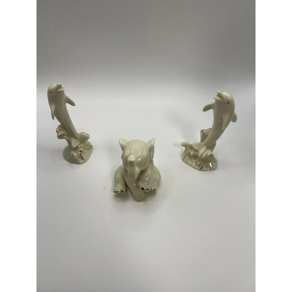 LENOX Porcelain Dolphins & Elephant Figurines 24k Gold Vintage (Lot of 3)
